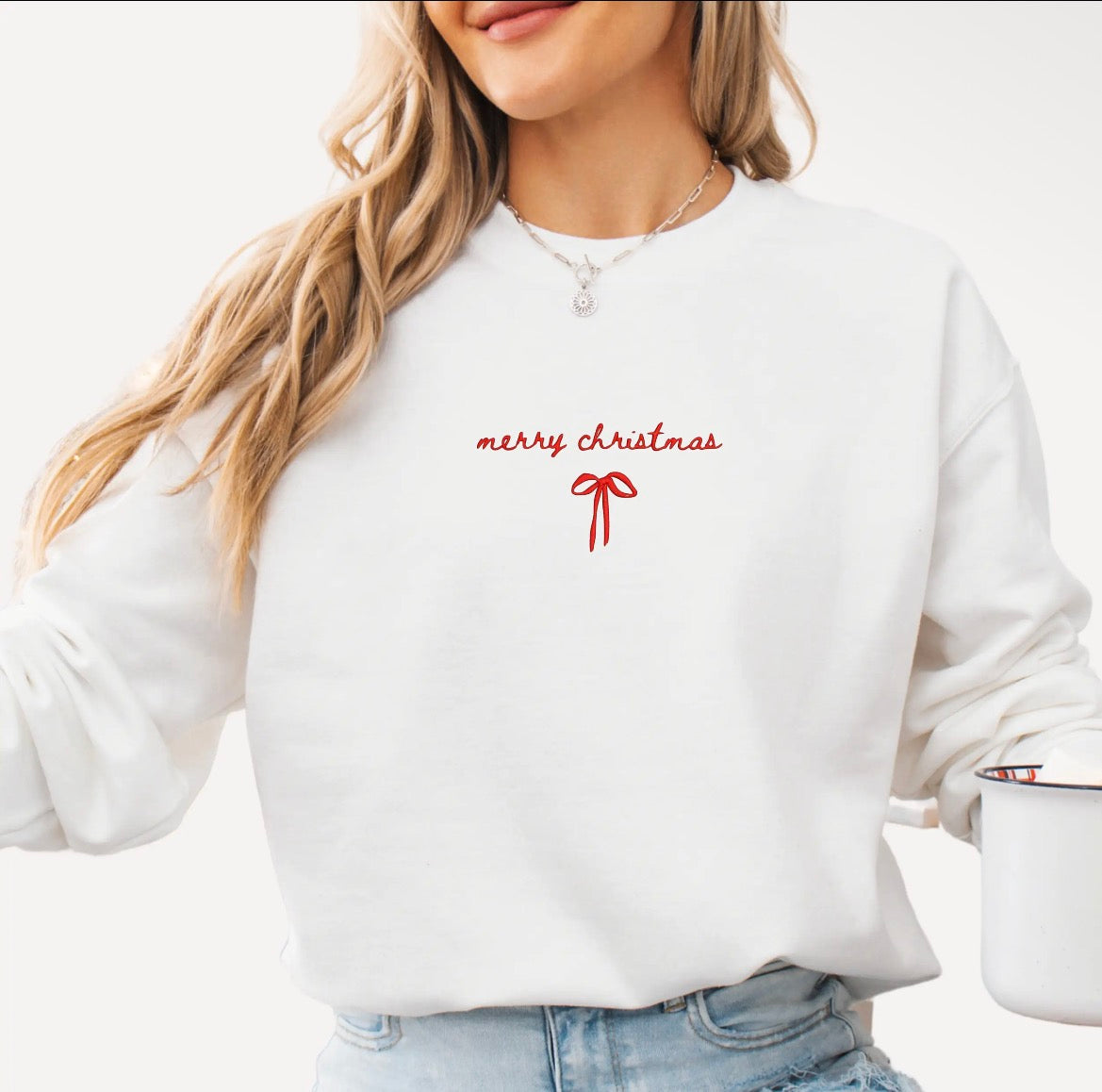Embroidered Merry Christmas Bow Unisex Crew