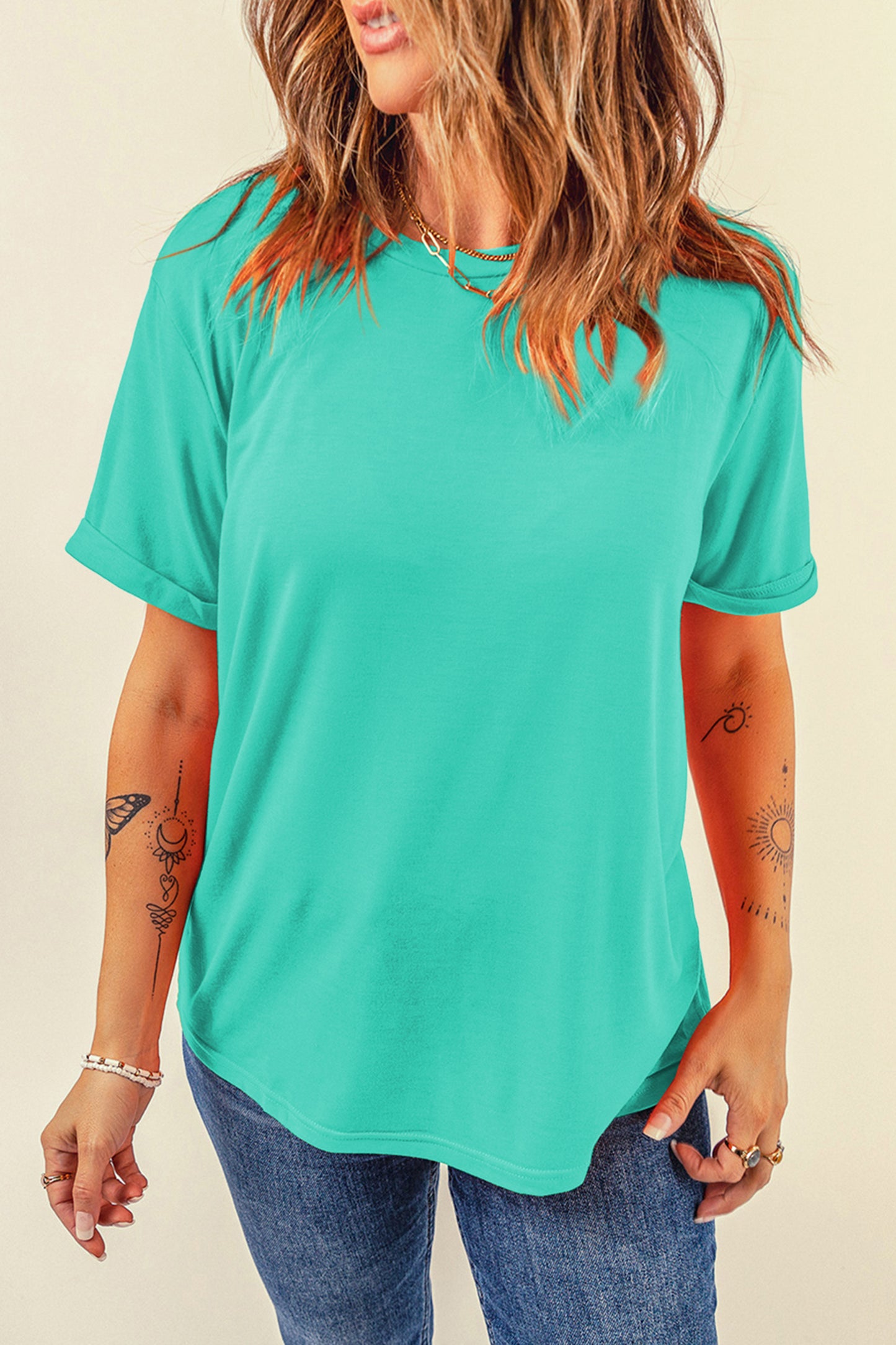 Pink Solid Color Basic Crew Neck Plain Tee