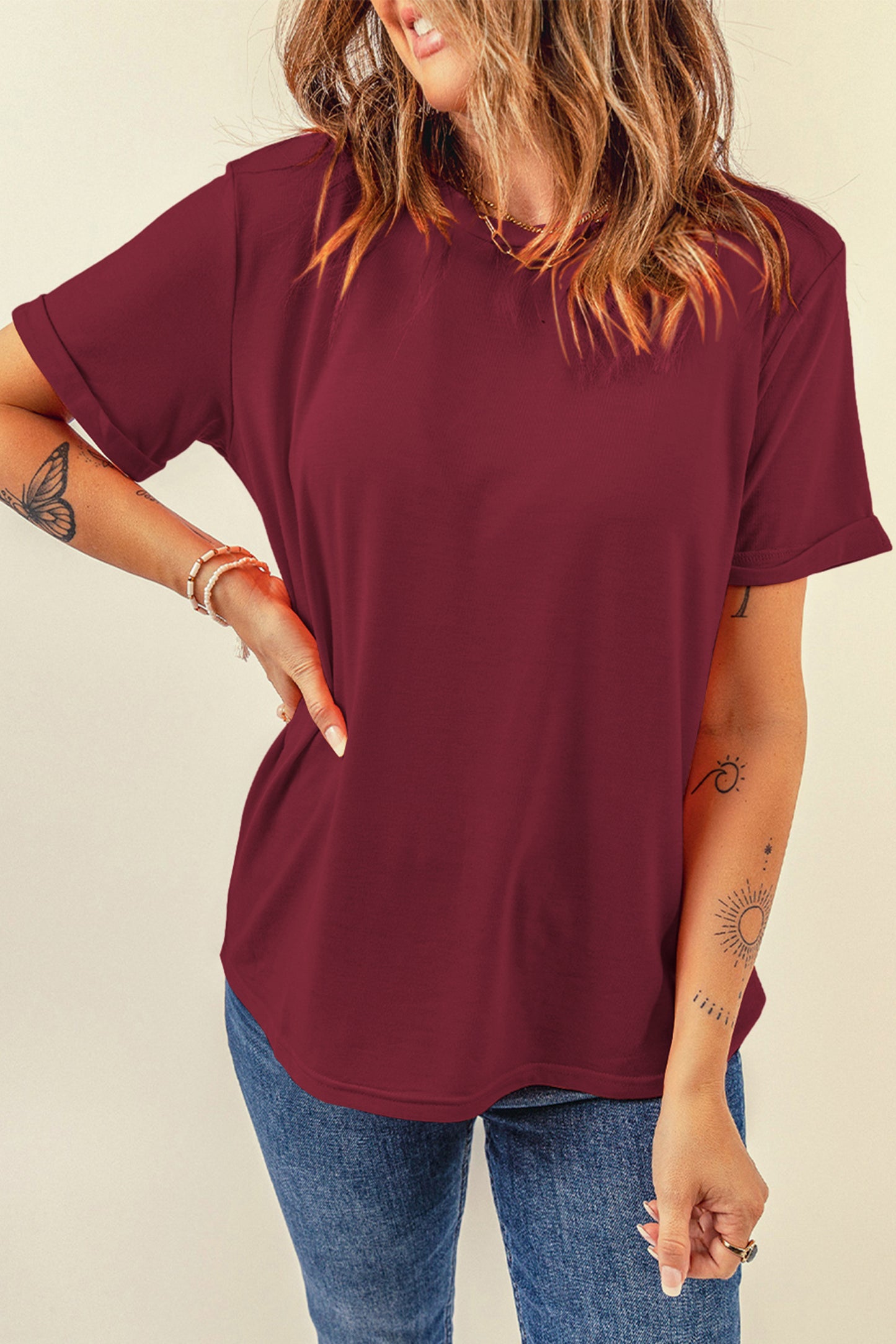 Pink Solid Color Basic Crew Neck Plain Tee