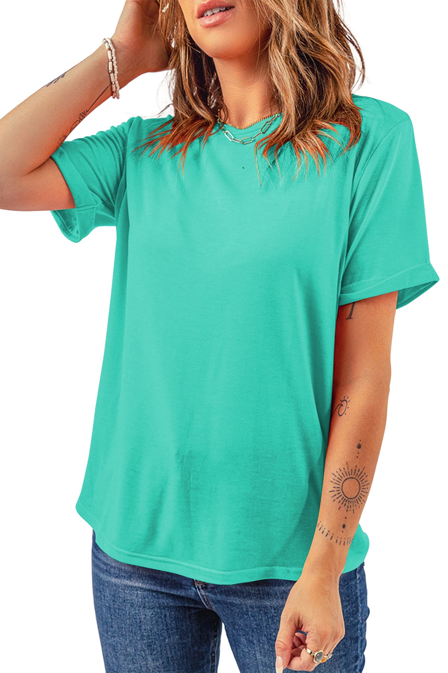 Pink Solid Color Basic Crew Neck Plain Tee