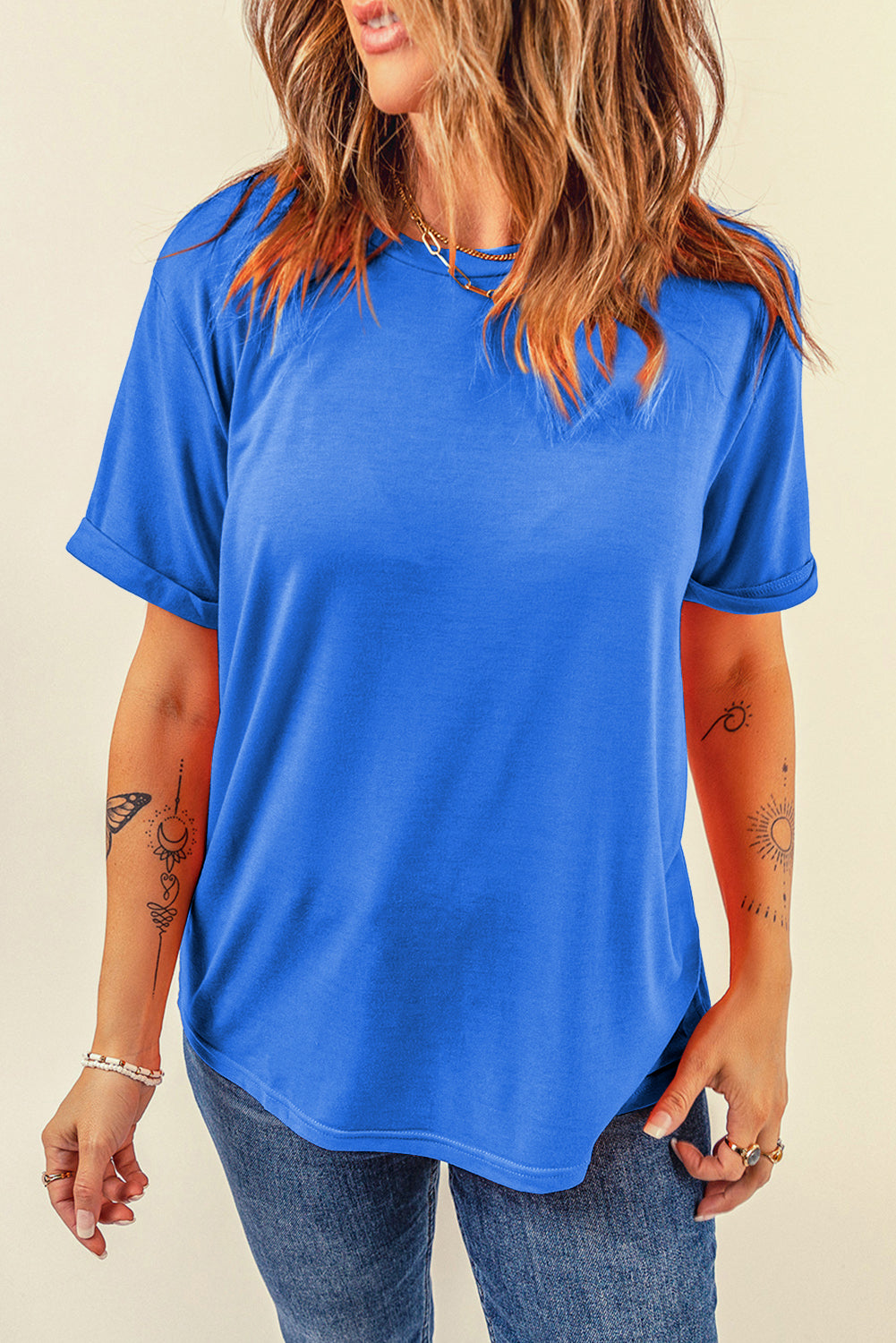 Pink Solid Color Basic Crew Neck Plain Tee