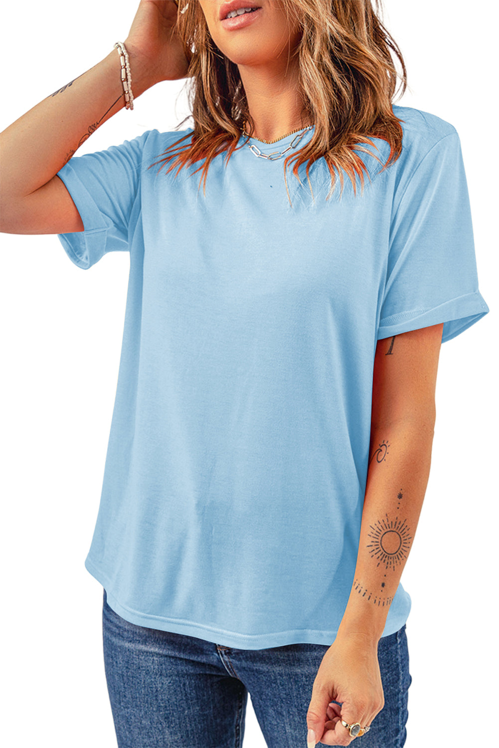 Pink Solid Color Basic Crew Neck Plain Tee