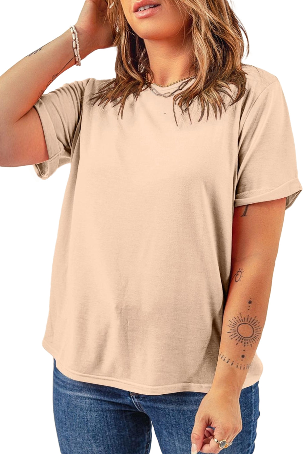 Pink Solid Color Basic Crew Neck Plain Tee