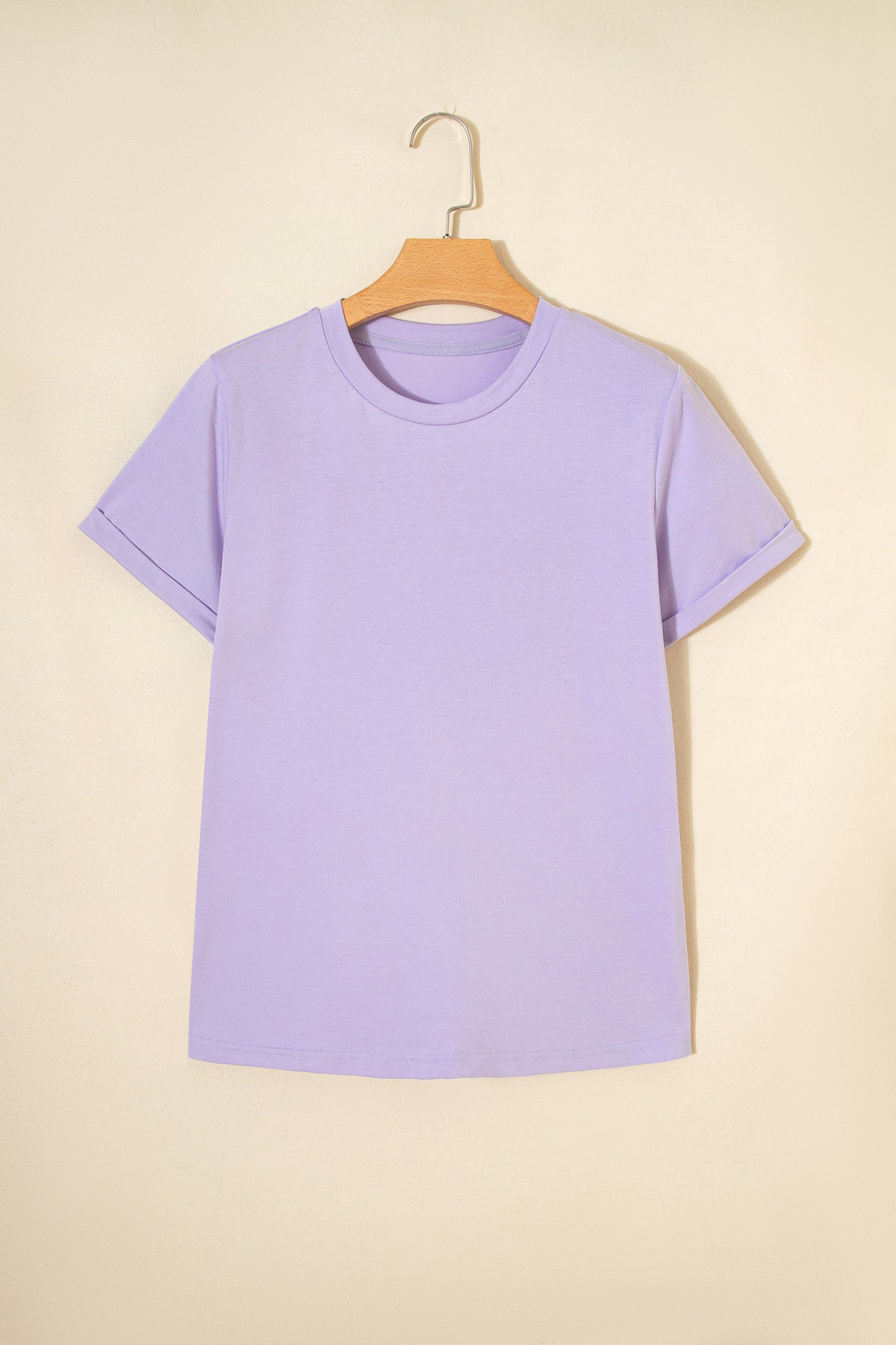 Pink Solid Color Basic Crew Neck Plain Tee