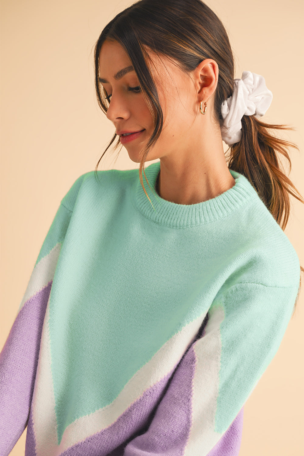 Green Chevron Colorblock Ribbed Knit Drop Shoulder Sweater