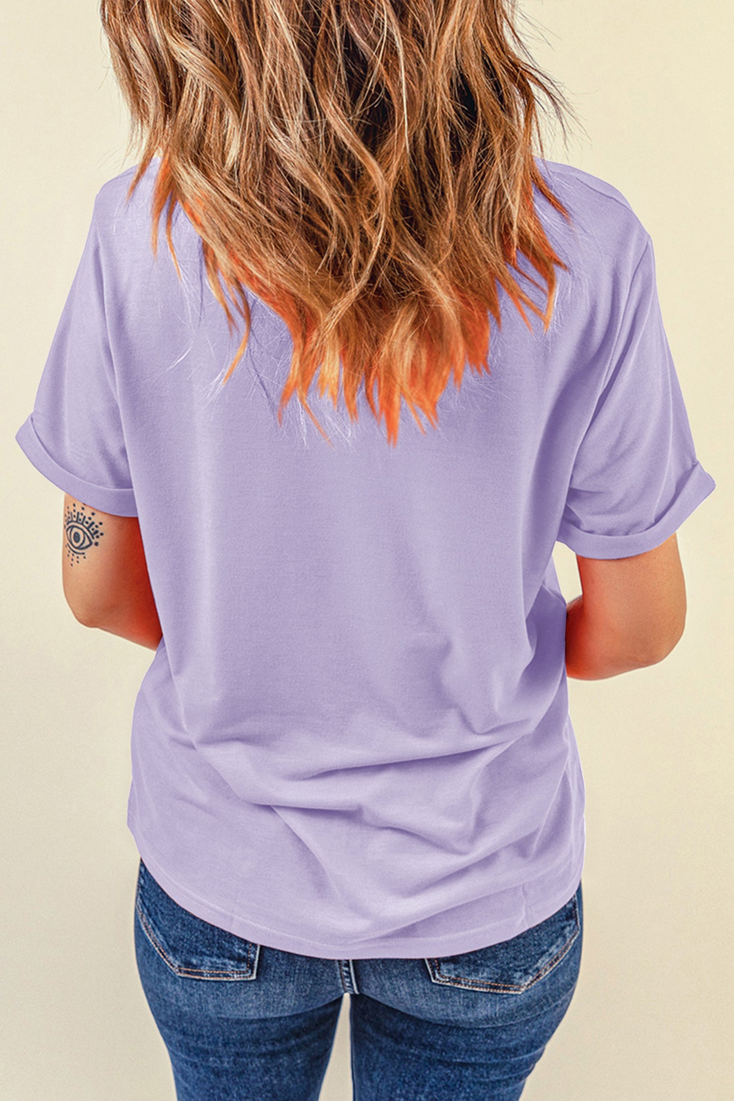Pink Solid Color Basic Crew Neck Plain Tee