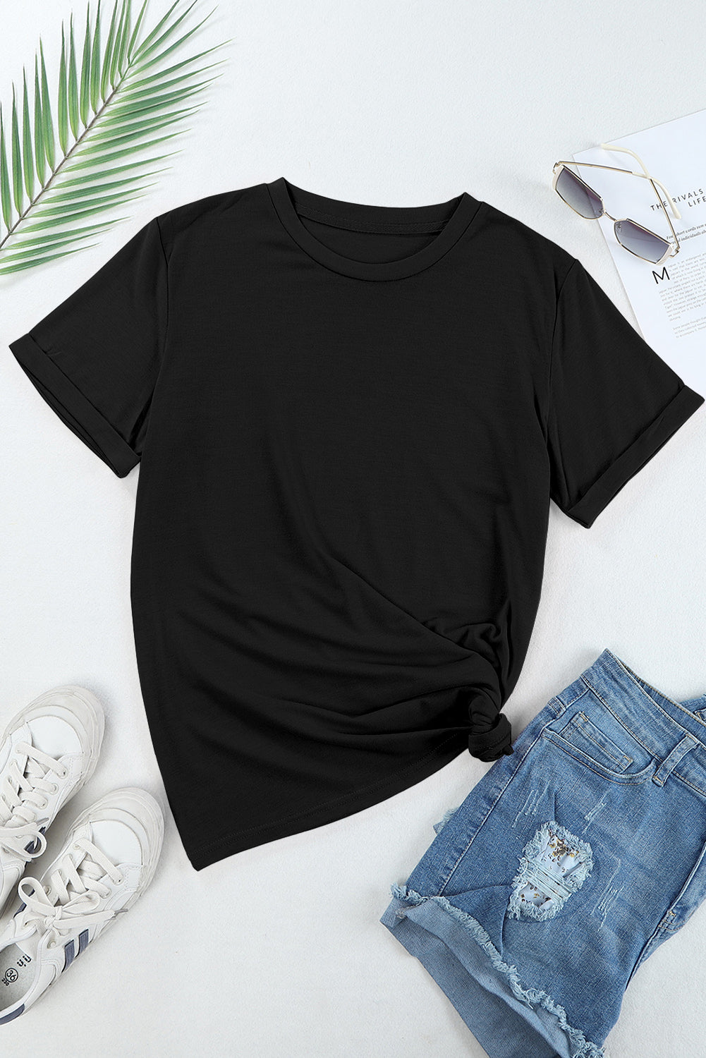 Pink Solid Color Basic Crew Neck Plain Tee