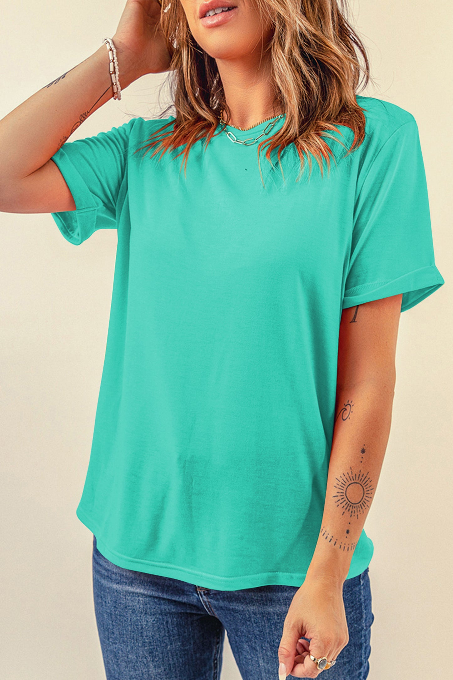 Pink Solid Color Basic Crew Neck Plain Tee