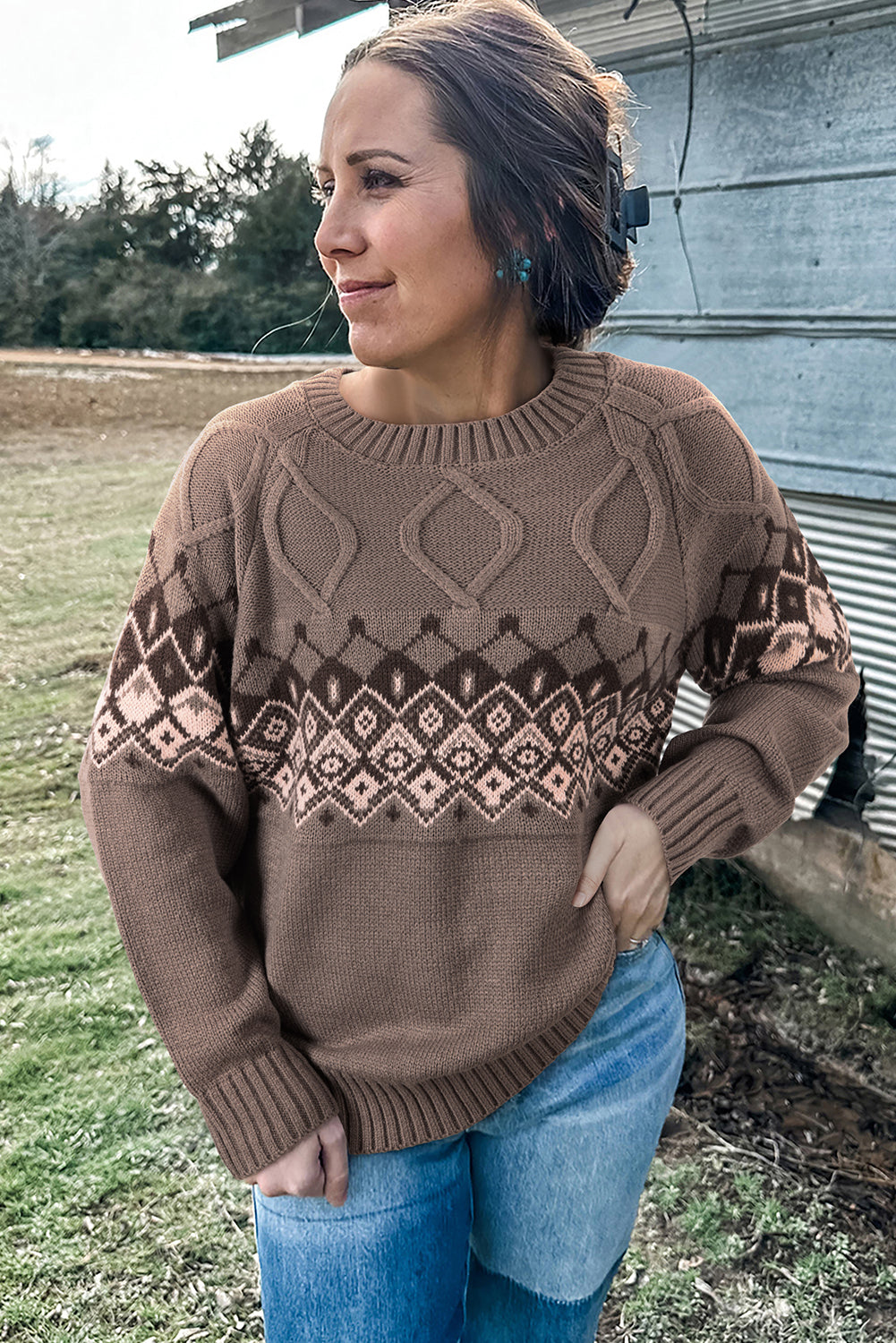 Light French Beige Geometric Pattern Crew Neck Knitted Sweater