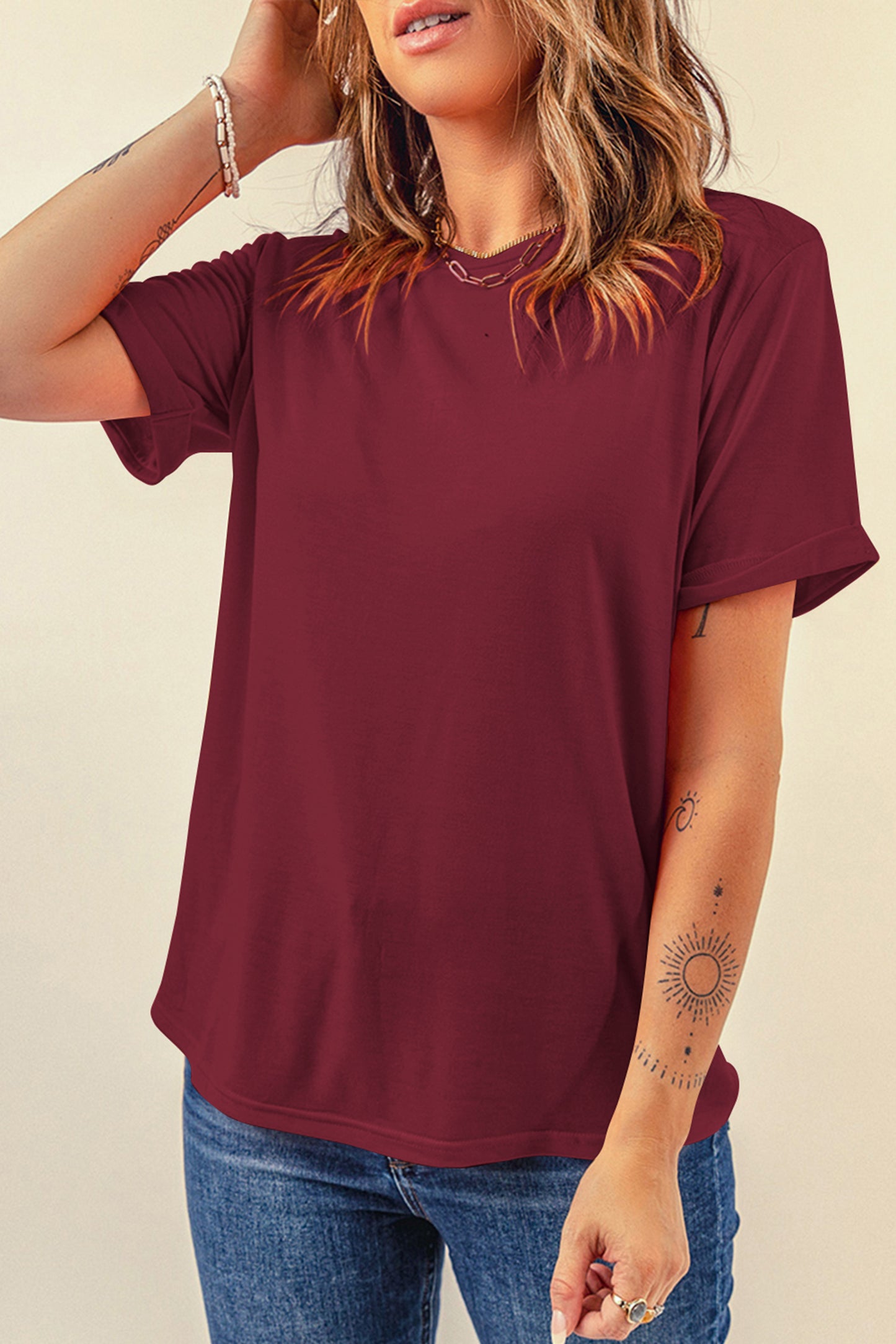 Pink Solid Color Basic Crew Neck Plain Tee