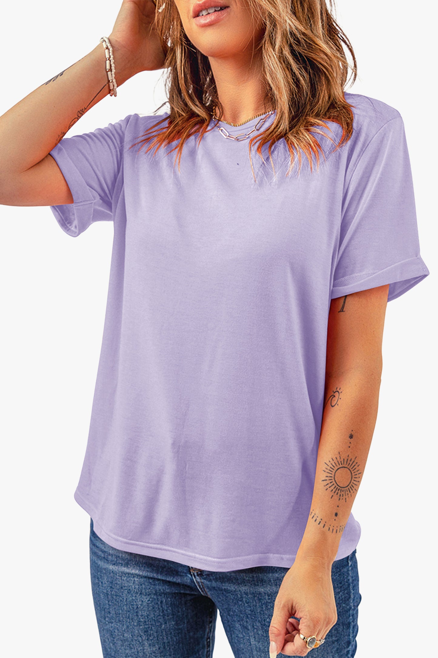 Pink Solid Color Basic Crew Neck Plain Tee
