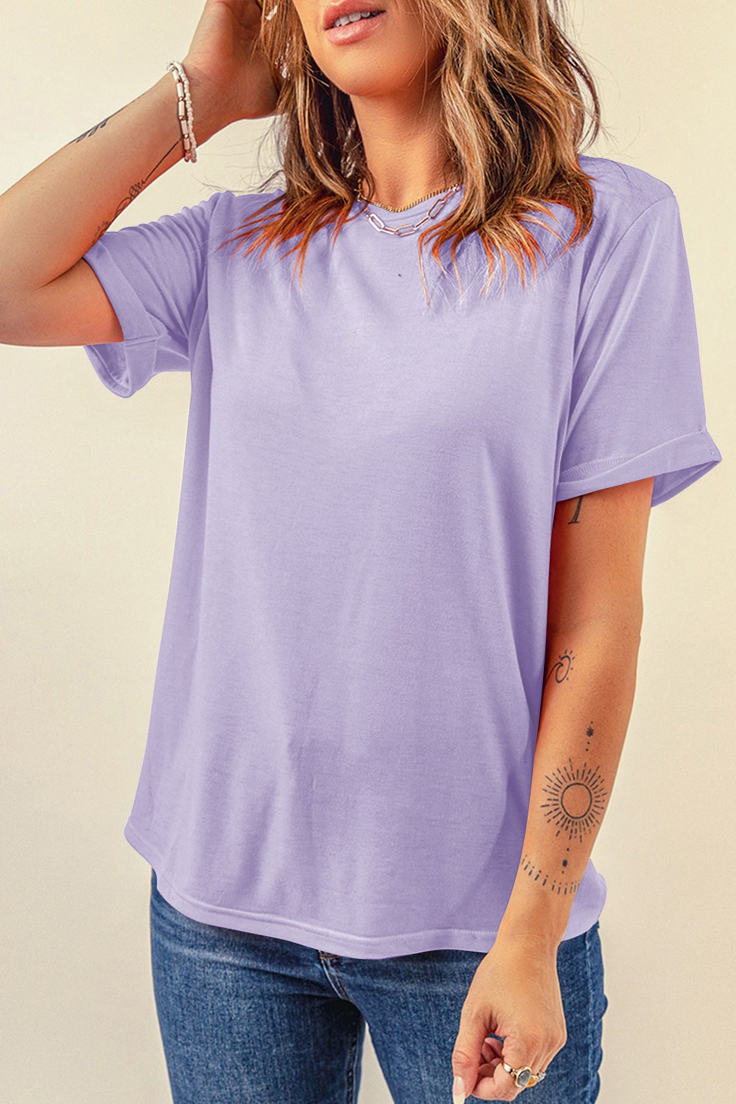 Pink Solid Color Basic Crew Neck Plain Tee