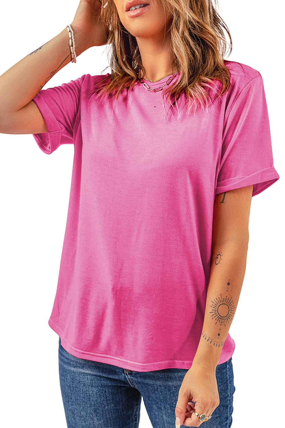 Pink Solid Color Basic Crew Neck Plain Tee