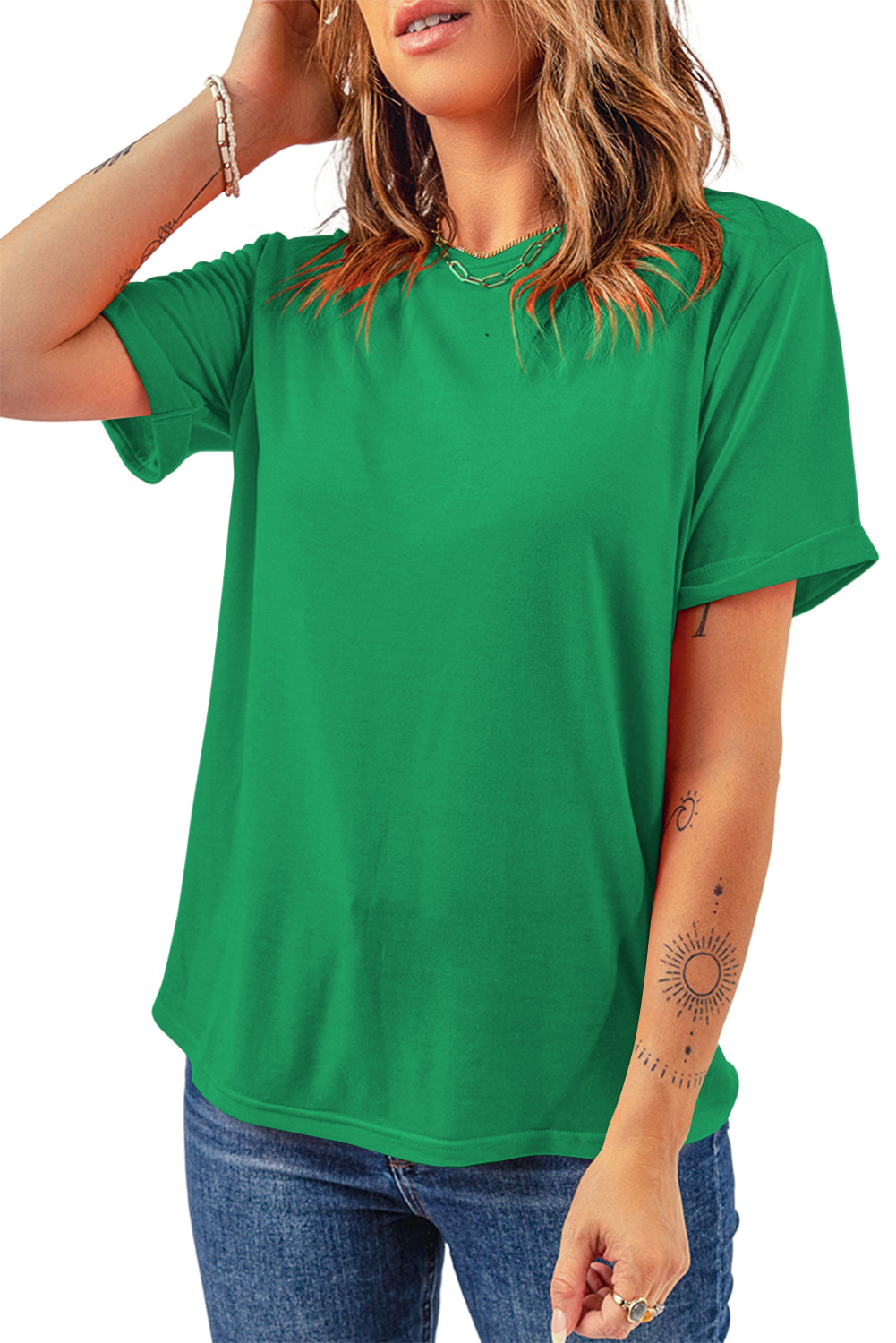 Pink Solid Color Basic Crew Neck Plain Tee