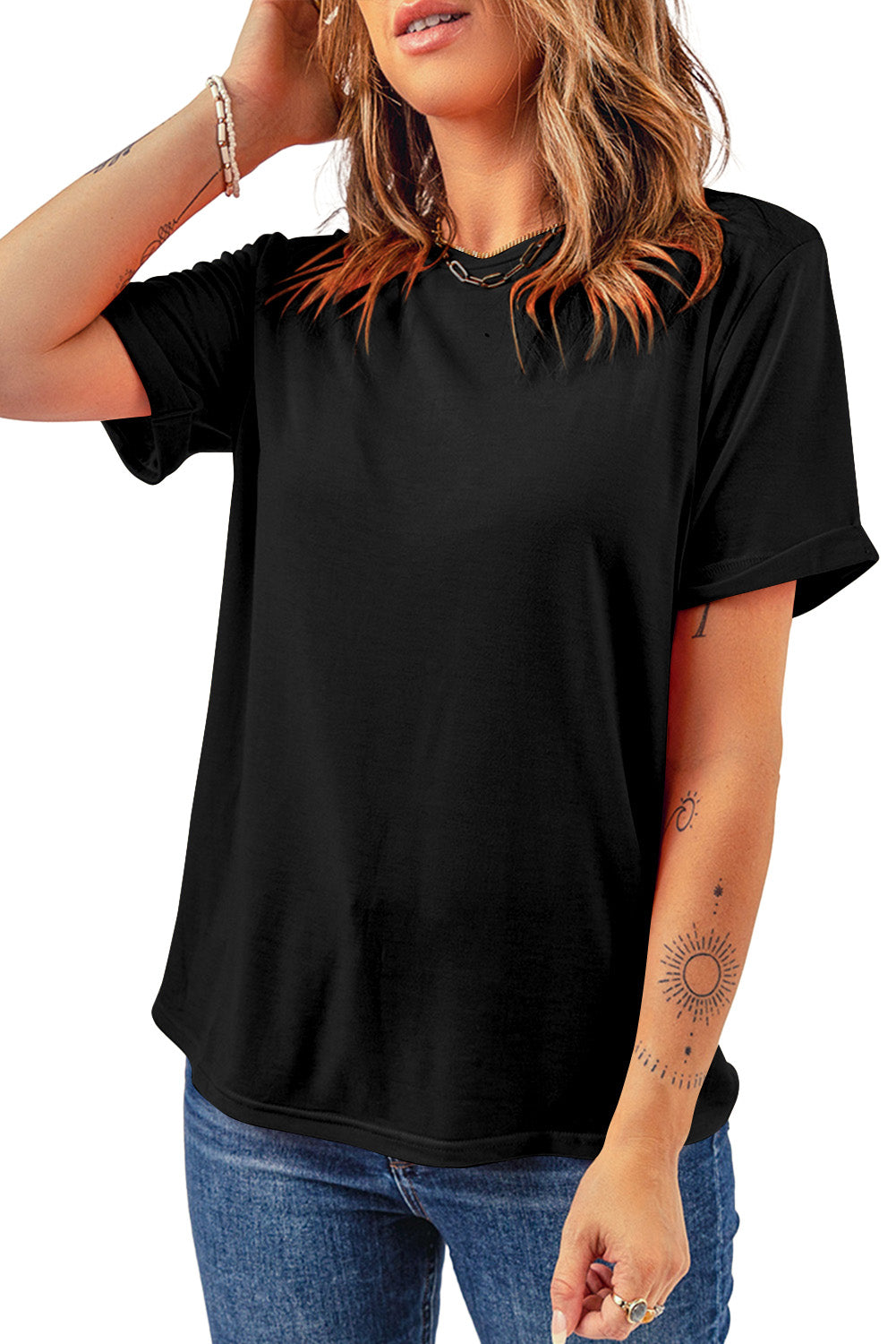Pink Solid Color Basic Crew Neck Plain Tee