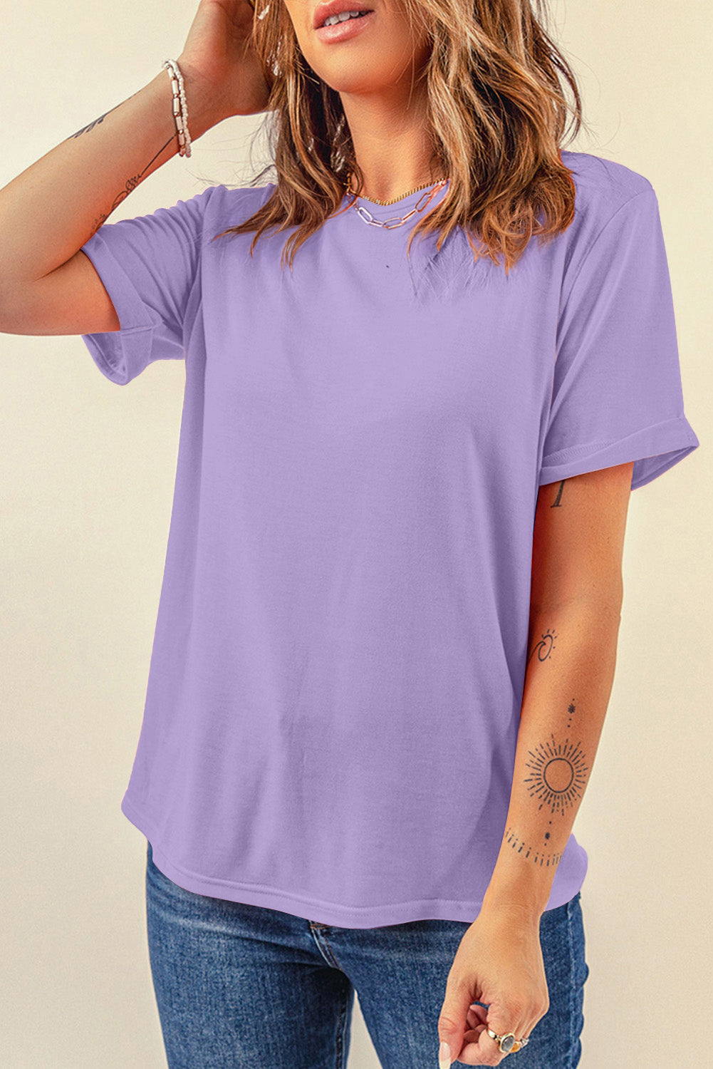 Pink Solid Color Basic Crew Neck Plain Tee