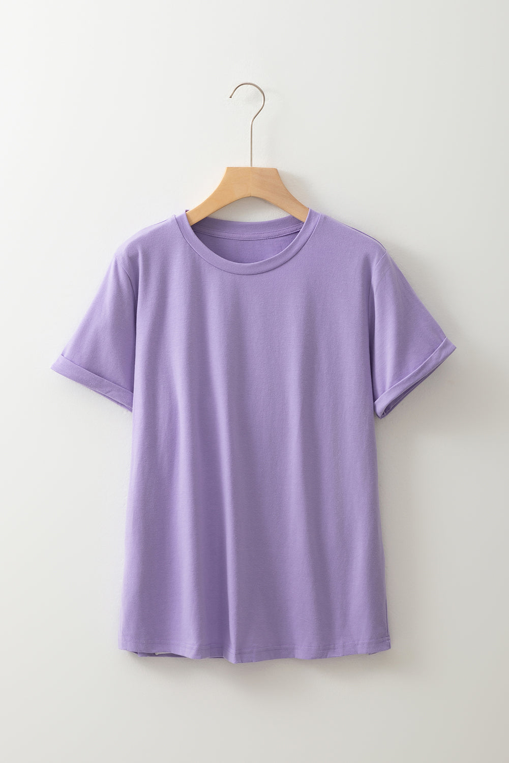Pink Solid Color Basic Crew Neck Plain Tee