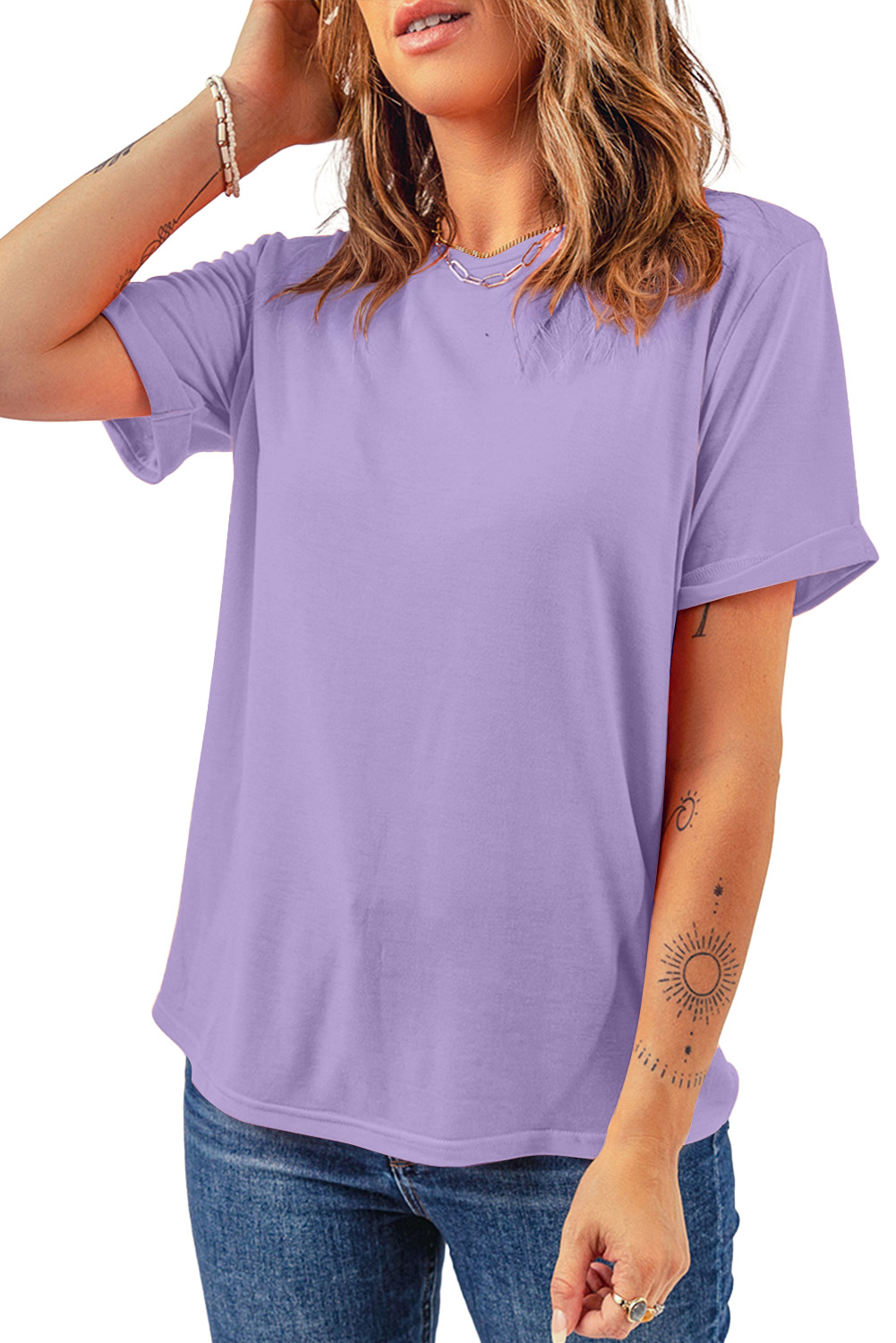 Pink Solid Color Basic Crew Neck Plain Tee