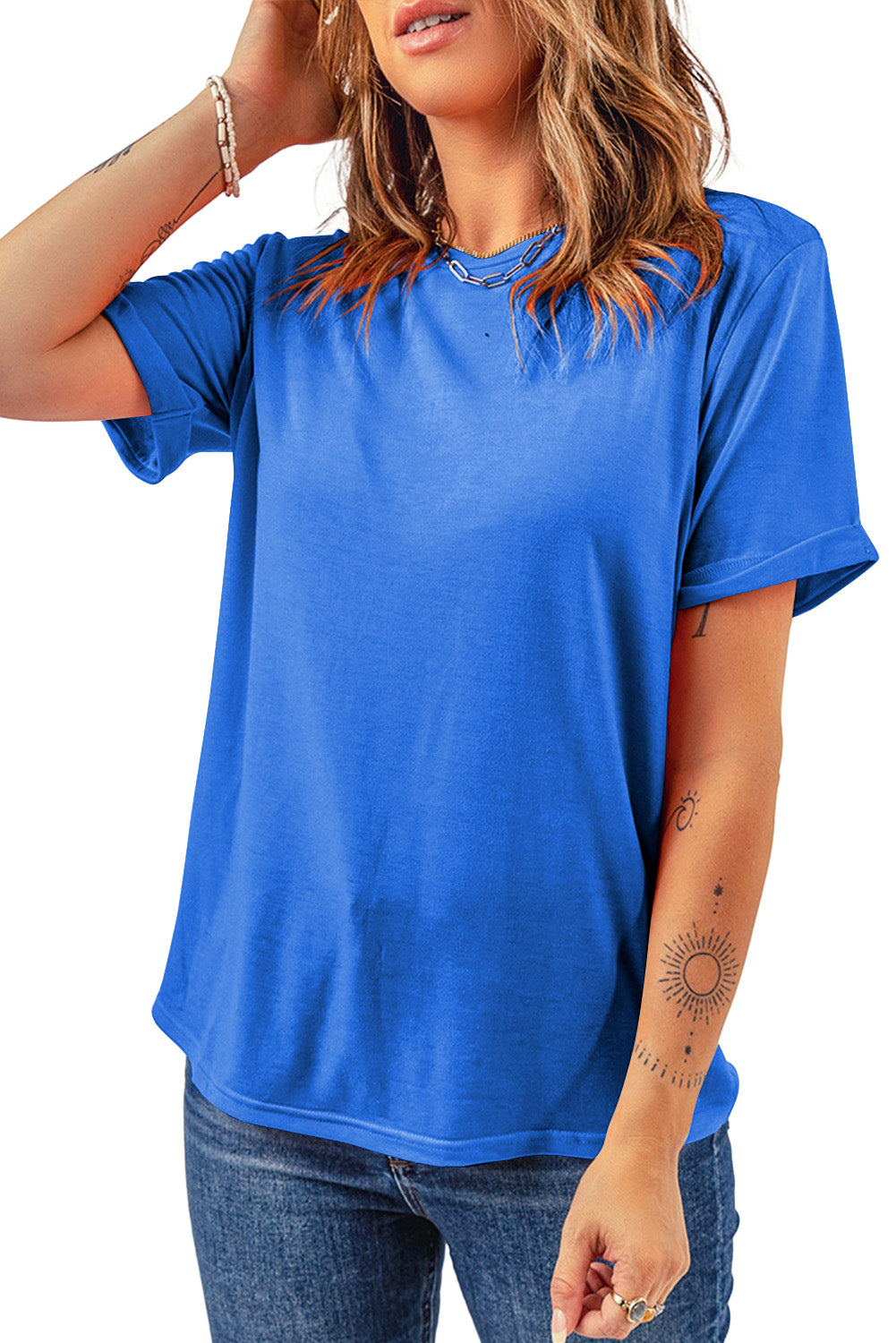 Pink Solid Color Basic Crew Neck Plain Tee