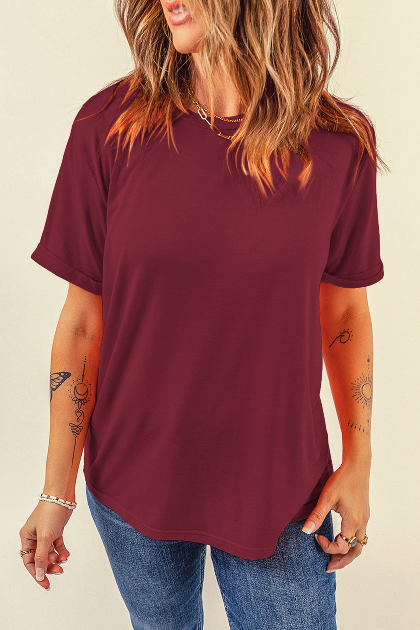 Pink Solid Color Basic Crew Neck Plain Tee