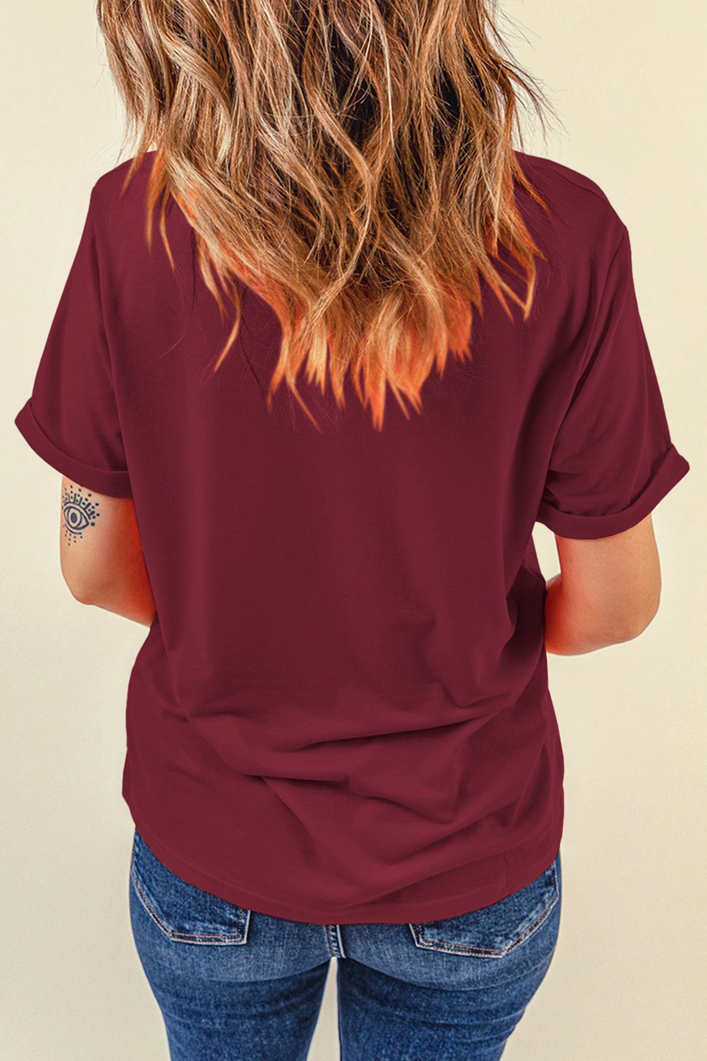 Pink Solid Color Basic Crew Neck Plain Tee