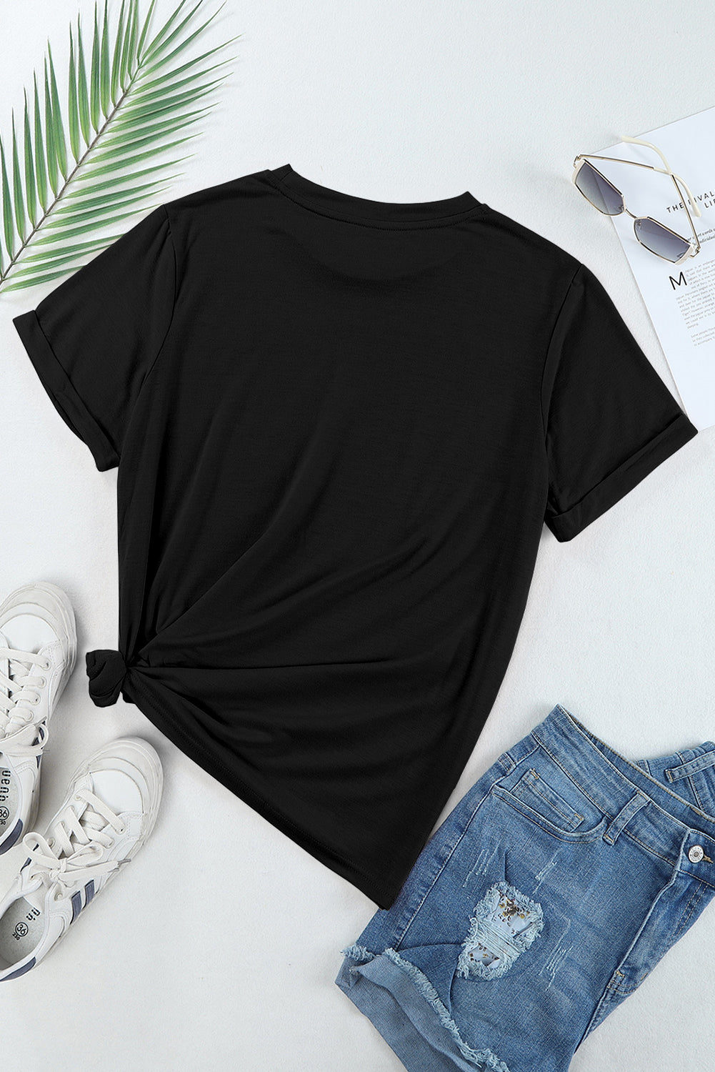 Pink Solid Color Basic Crew Neck Plain Tee