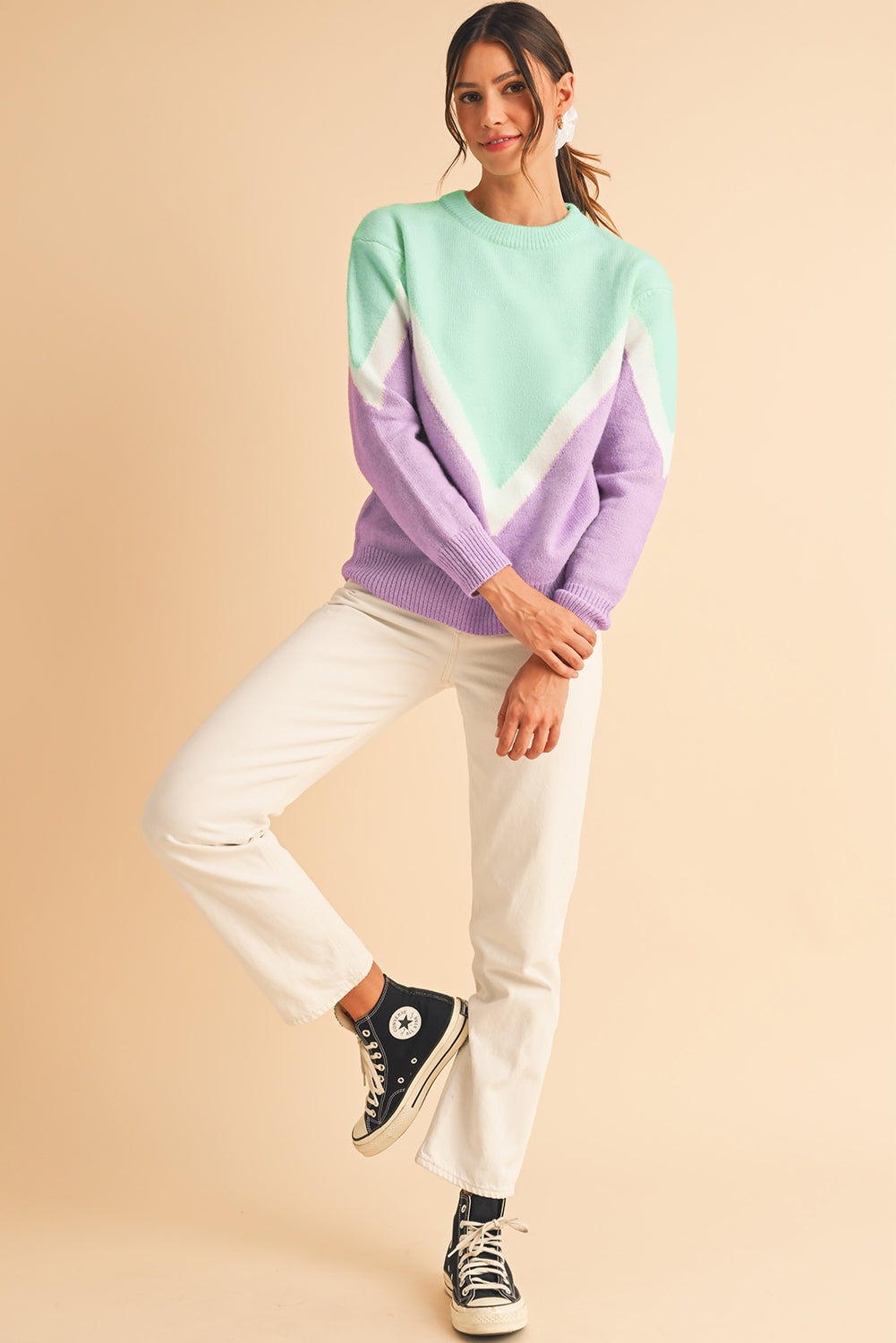 Green Chevron Colorblock Ribbed Knit Drop Shoulder Sweater