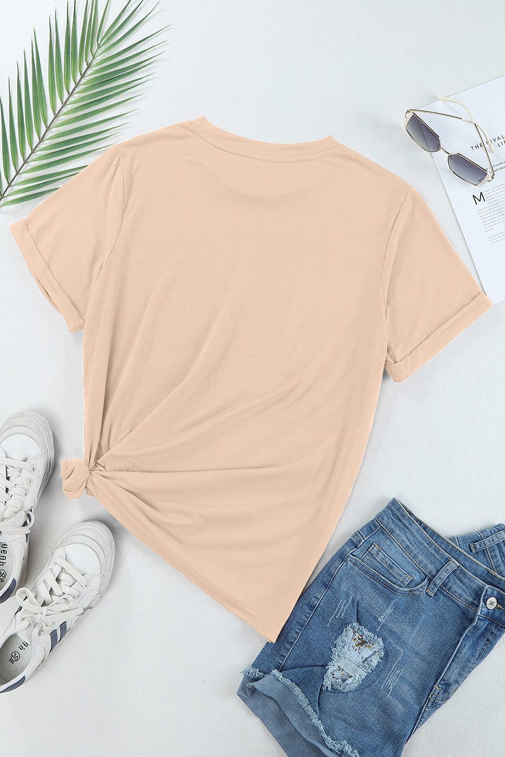 Pink Solid Color Basic Crew Neck Plain Tee