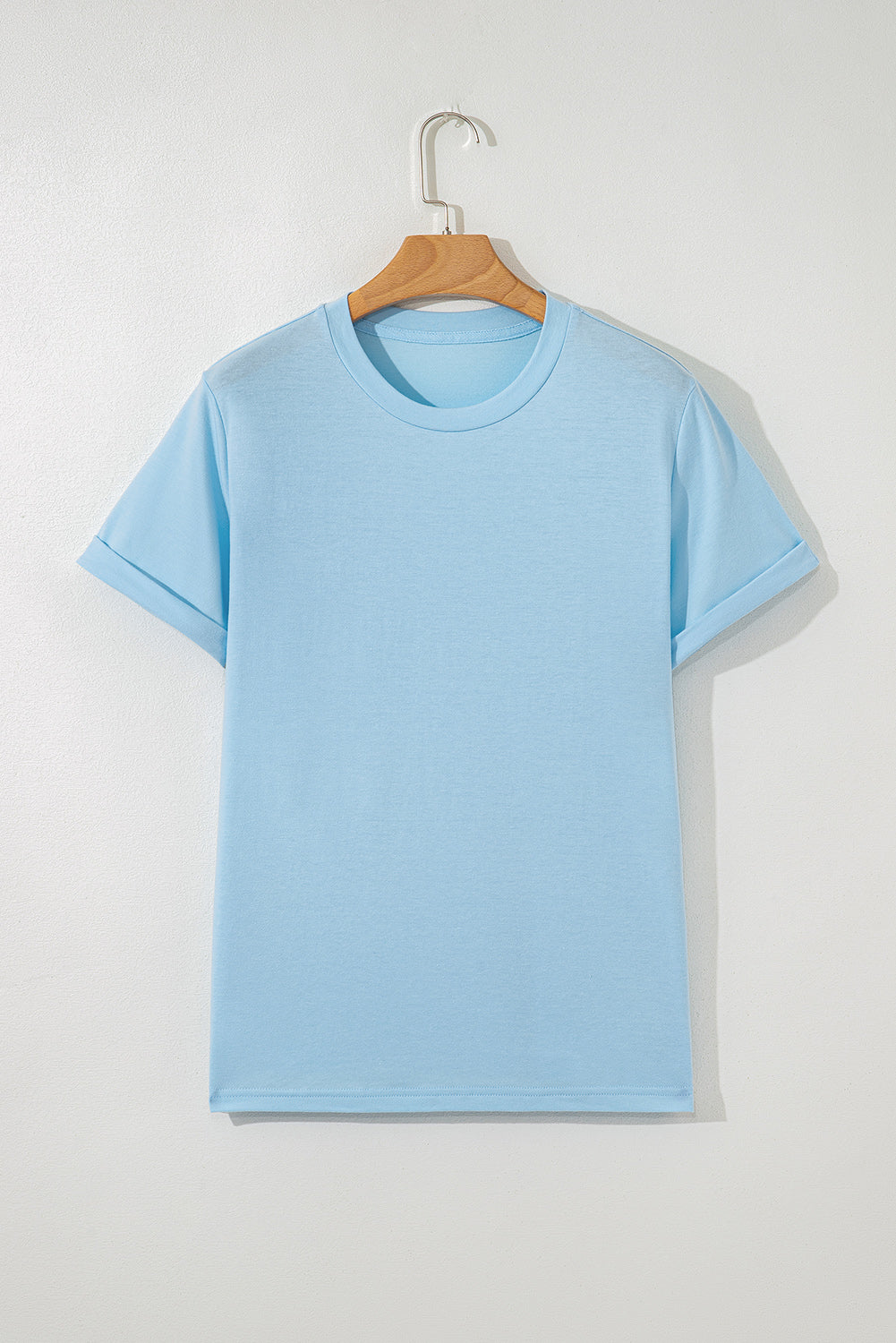 Pink Solid Color Basic Crew Neck Plain Tee