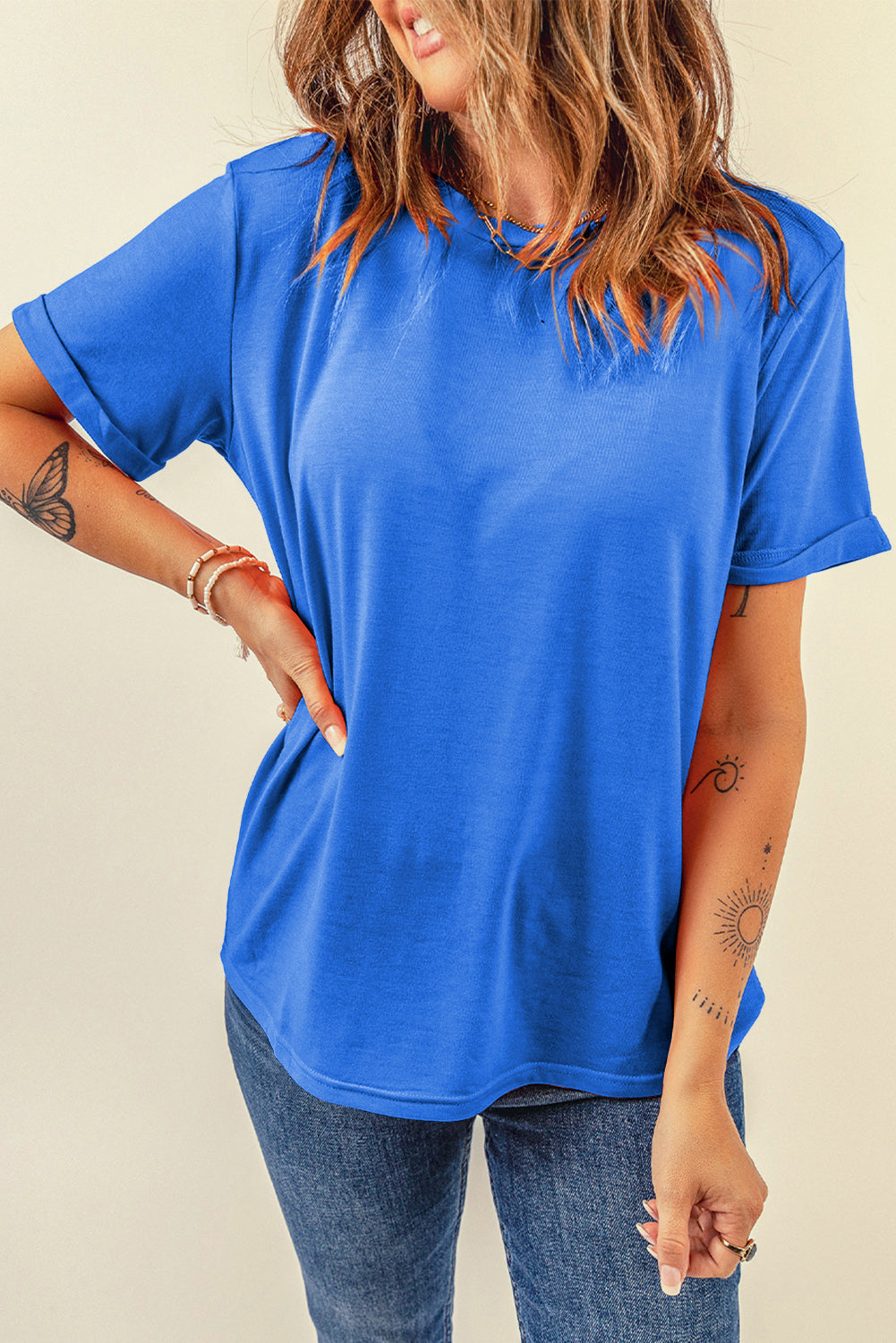 Pink Solid Color Basic Crew Neck Plain Tee