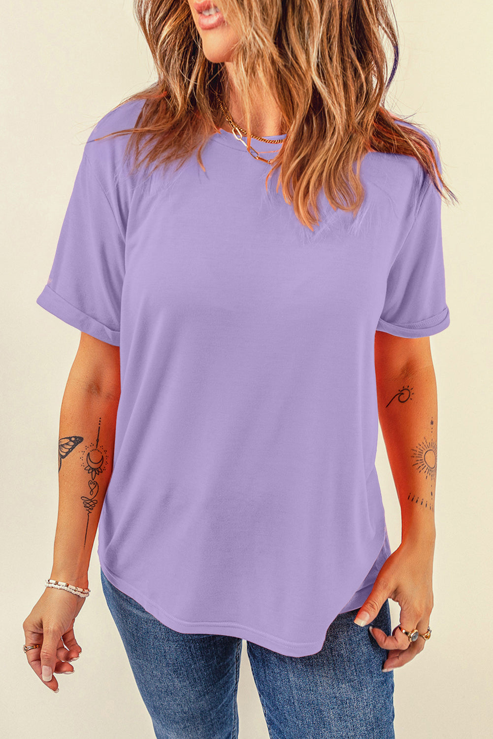Pink Solid Color Basic Crew Neck Plain Tee
