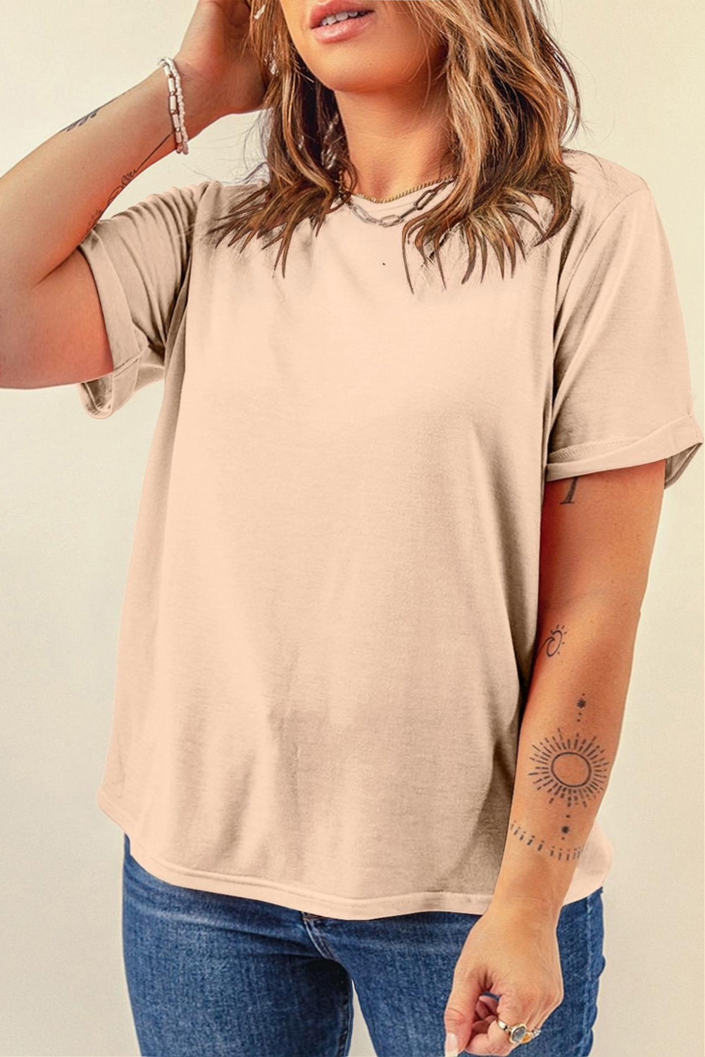 Pink Solid Color Basic Crew Neck Plain Tee