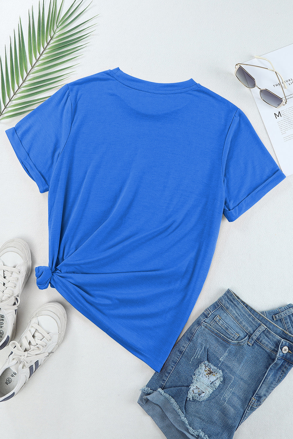Pink Solid Color Basic Crew Neck Plain Tee