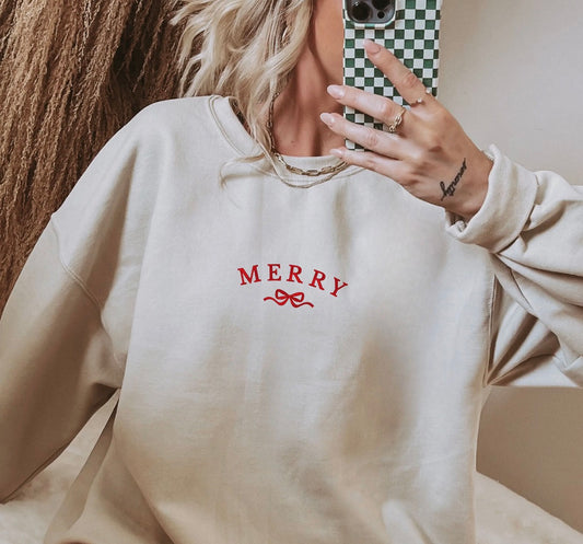 Embroidered Merry Bow Unisex Crew