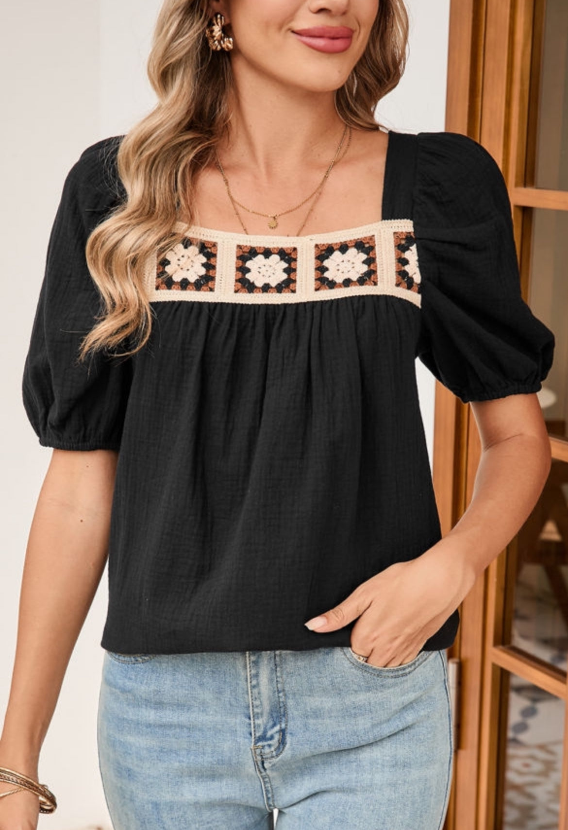 Black Crochet Square Neck Crinkled Top— FINAL SALE