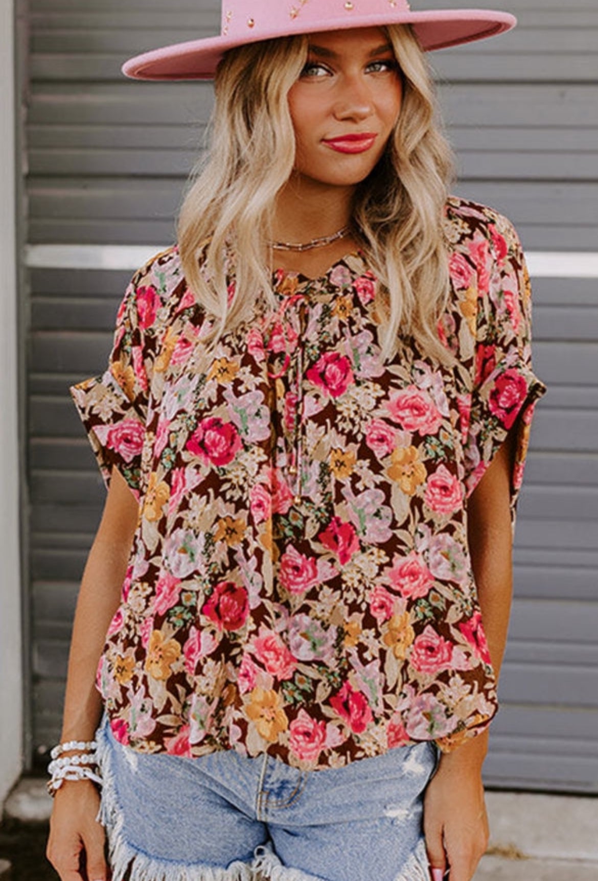 Pink Floral Short Sleeve Blouse—FINAL SALE