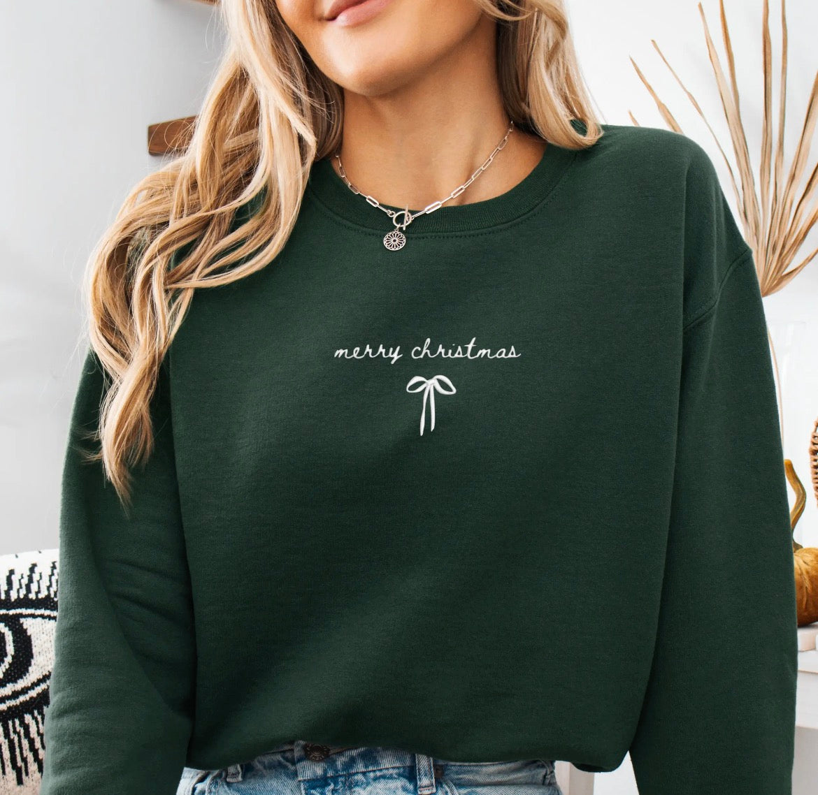 Embroidered Merry Christmas Bow Unisex Crew