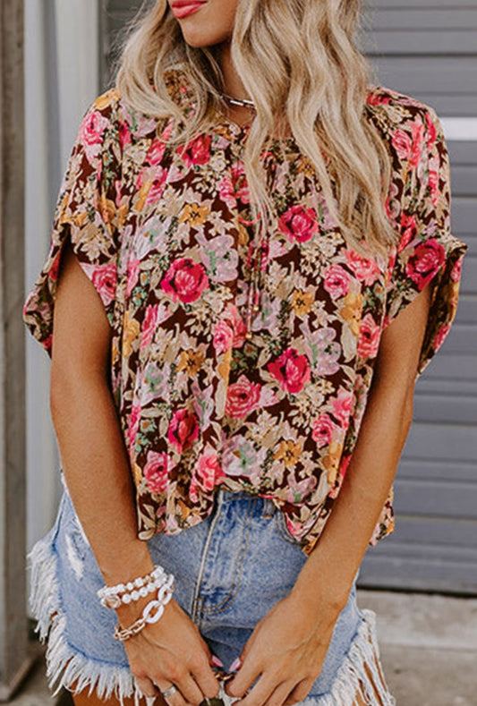 Pink Floral Short Sleeve Blouse—FINAL SALE