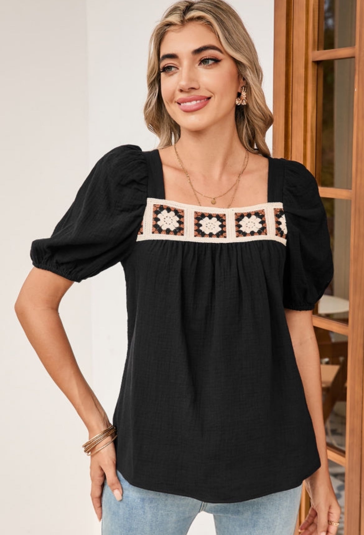 Black Crochet Square Neck Crinkled Top— FINAL SALE
