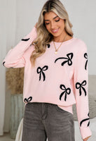 Light Pink Bow Print Loose Fit Sweater