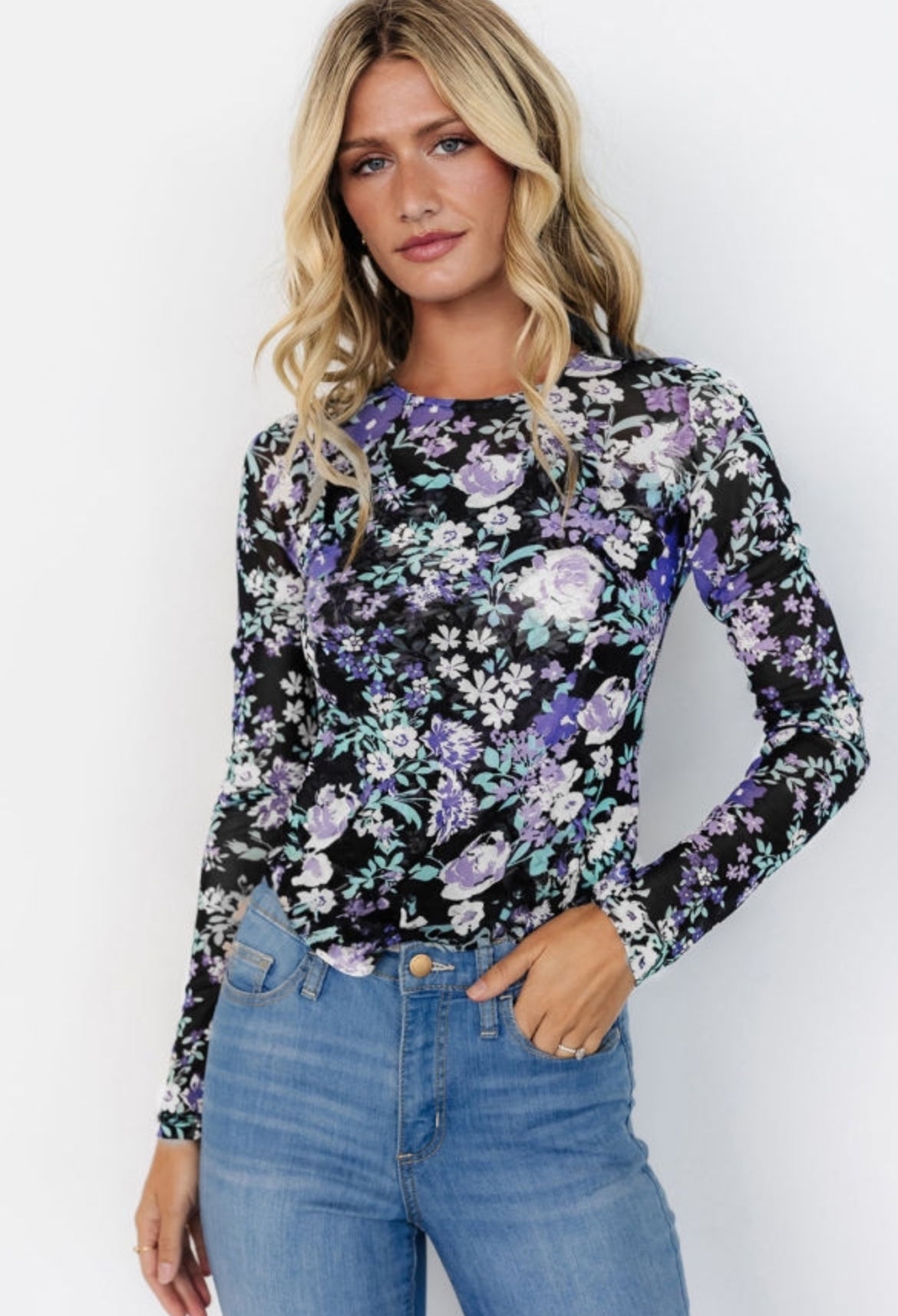 Black Floral Fitted Mesh Long Sleeve