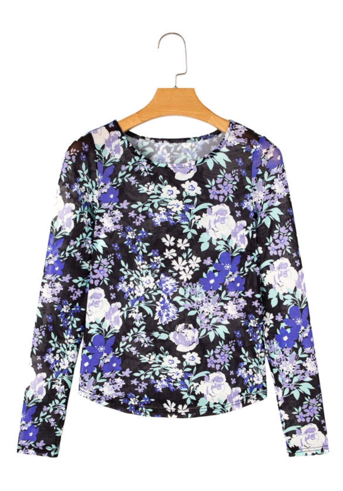 Black Floral Fitted Mesh Long Sleeve