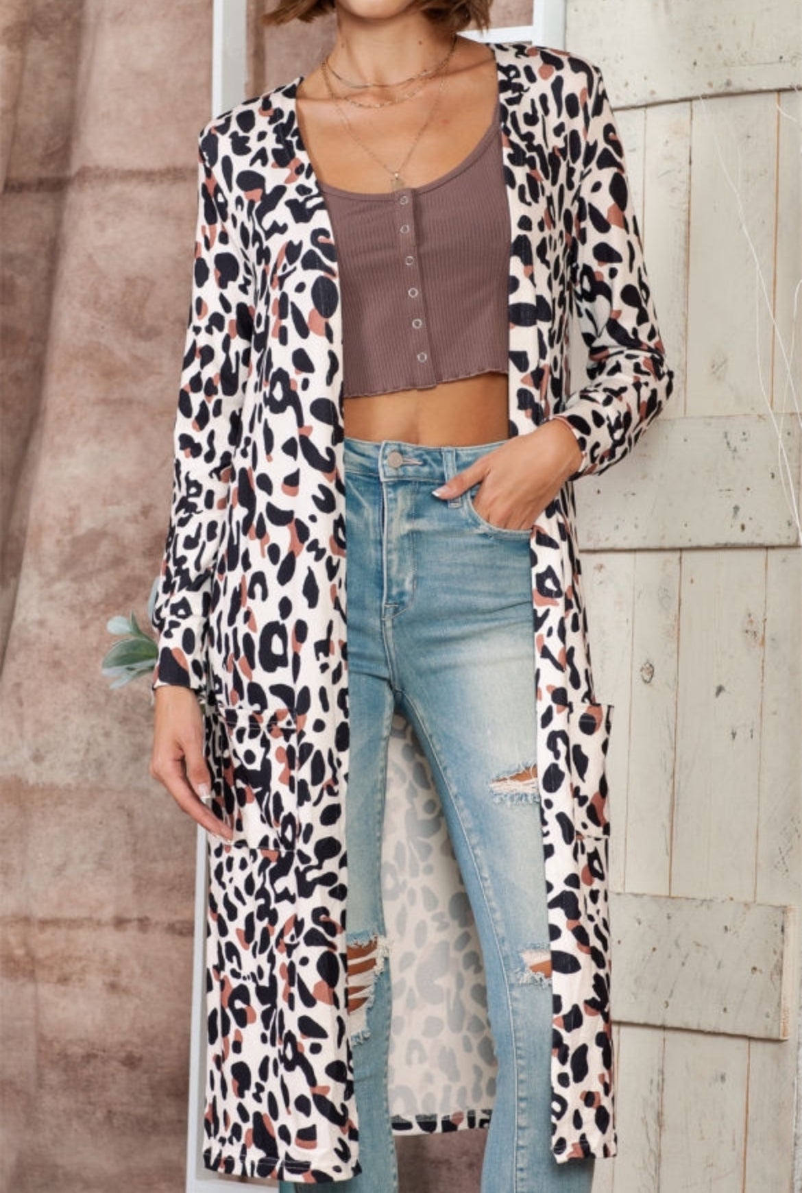 Leopard Side Pocket Open Front Cardigan