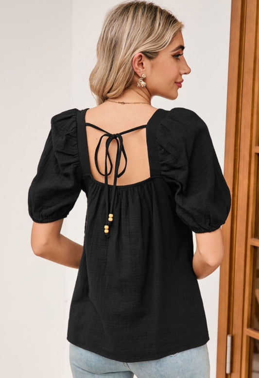 Black Crochet Square Neck Crinkled Top— FINAL SALE