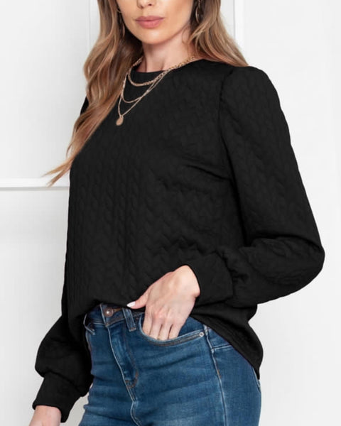 Black Quilted Puff Sleeve Sweatshirt