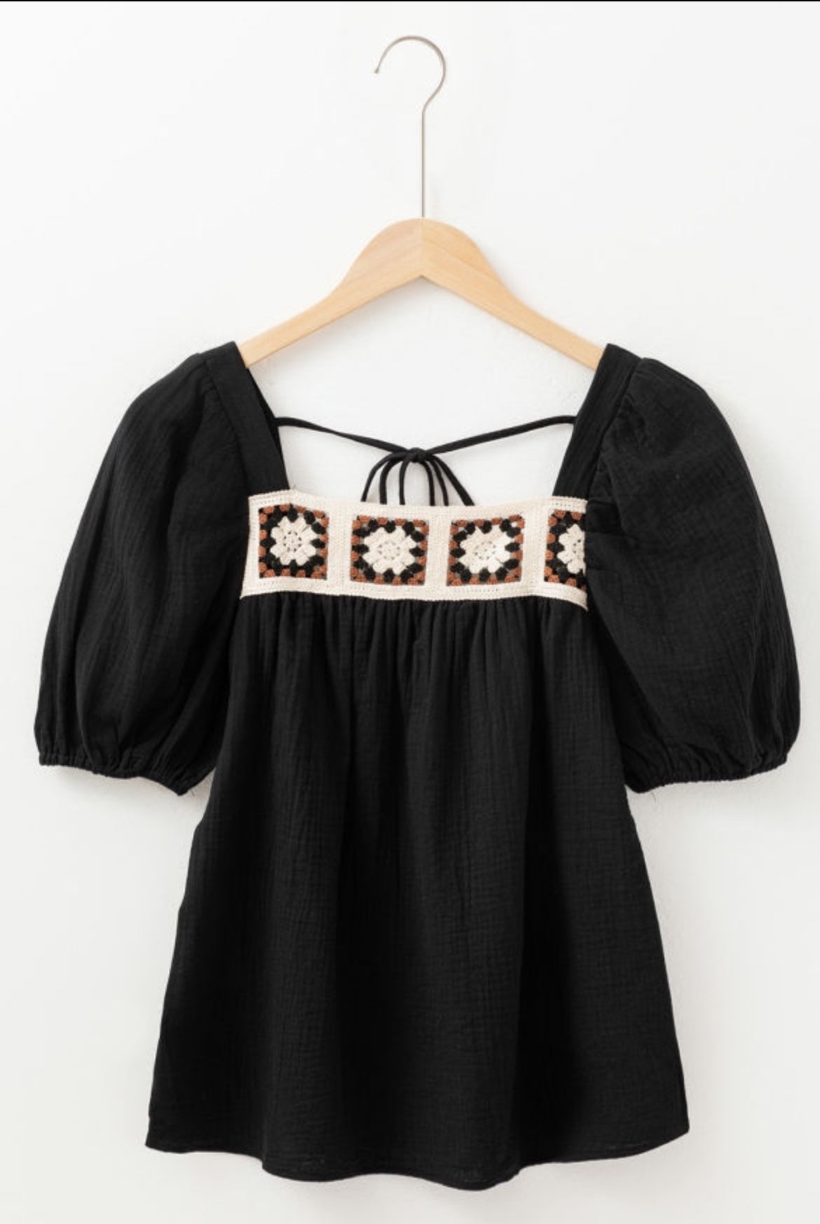 Black Crochet Square Neck Crinkled Top— FINAL SALE
