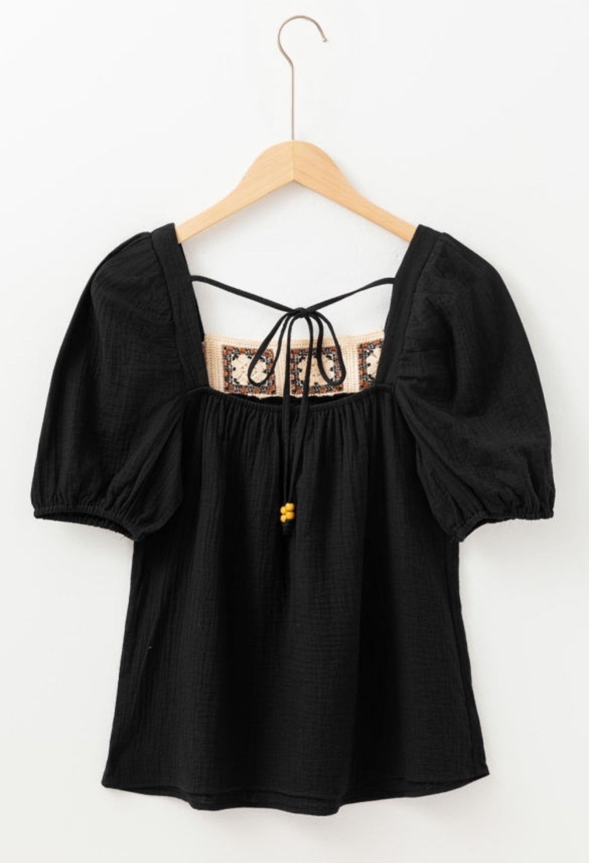 Black Crochet Square Neck Crinkled Top— FINAL SALE