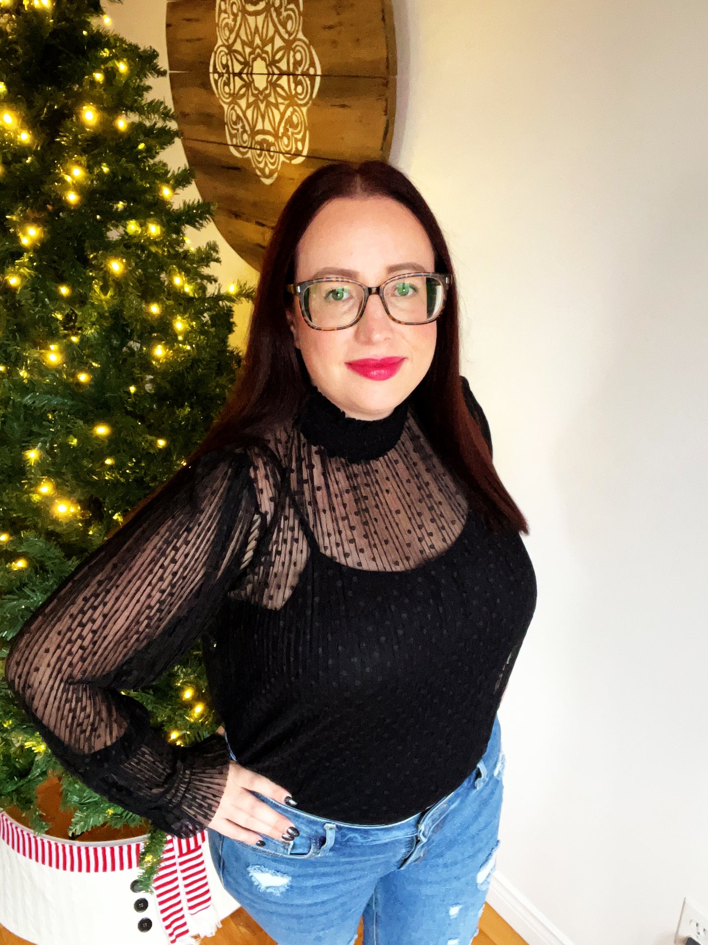 (XL ONLY) Black Dotty Lace Mock Neck Set— FINAL SALE