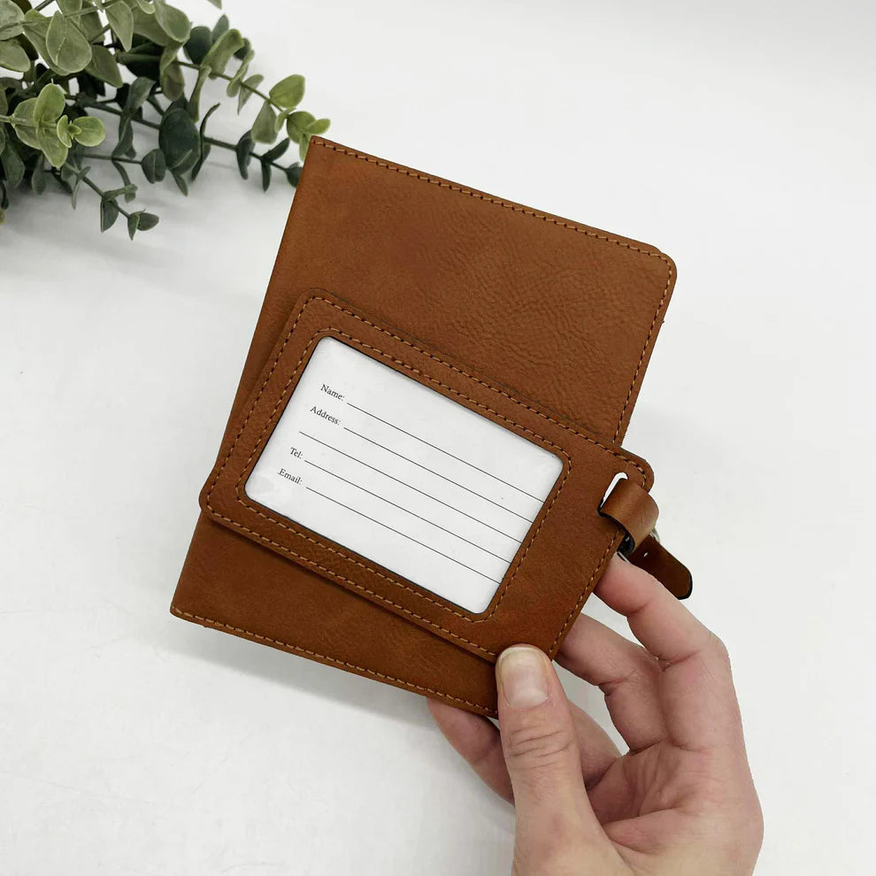 Personalized Brown Leatherette Passport Holder & Luggage Tag Set