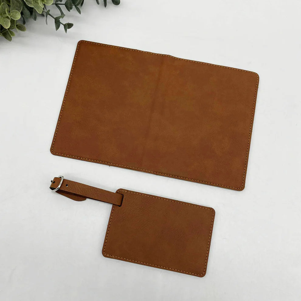 Personalized Brown Leatherette Passport Holder & Luggage Tag Set